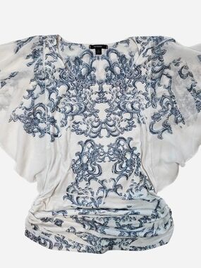 Espresso White Blouse with Blue Ornate Print & Fairy Flutter Short Sleeve Size S